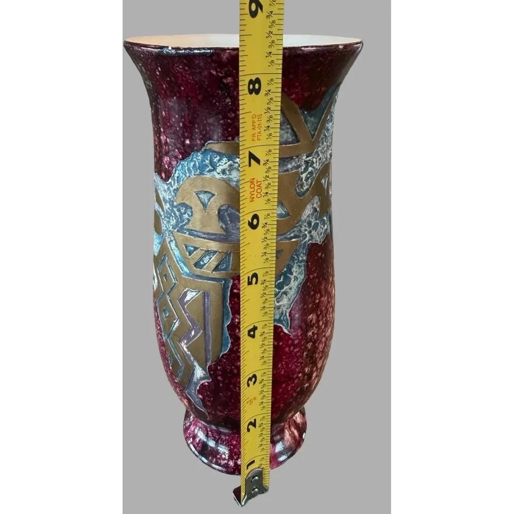 Vintage Art Pottery Vase Burgundy Blue‎ Bronze Abstract Relief 9